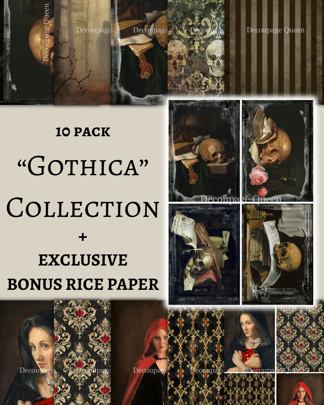 Decoupage Queen Gothica 10 Pack (W/ Bonus Paper), rice paper design by Decoupage Queen, arts & entertainment > hobbies & creative arts > arts & crafts > art & crafting materials > art & craft paper > drawing & painting paper, for decoupage and crafting