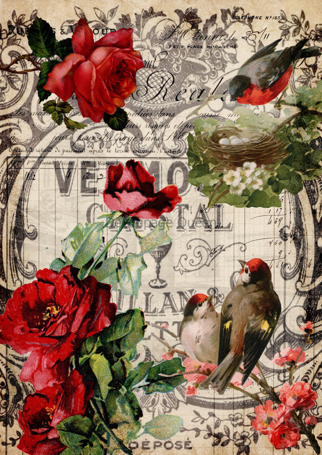 Red Roses and Birds, rice paper design by Decoupage queen, arts & entertainment > hobbies & creative arts > arts & crafts, for decoupage and crafting