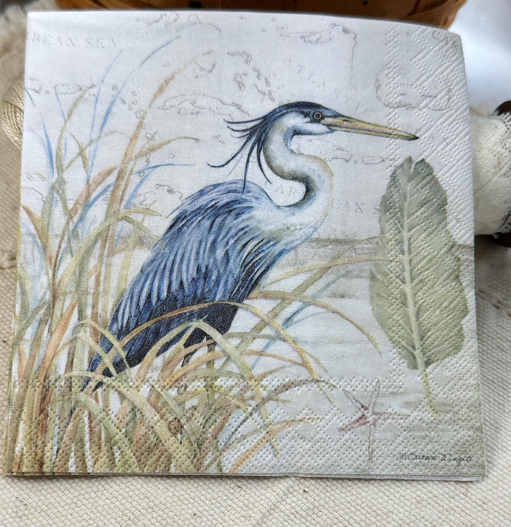 Heron Bird Napkin - Beach Napkins - Decoupage Beach Themed Napkins, Decoupage Napkins, Ocean Paper, Seashore Paper, Bird Paper Napkins