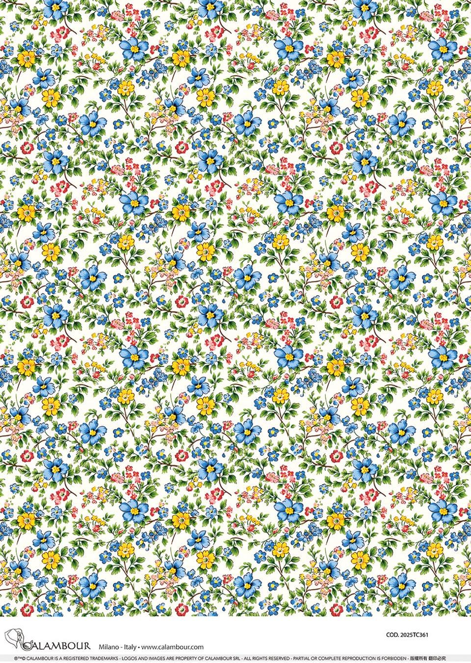 A3 Rice Paper - Calambour Blue & Yellow Floral Decoupage (11.7 x 16.5 Inches)