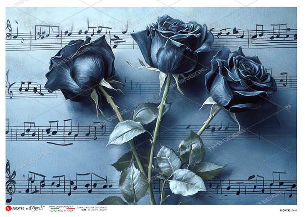Blue Rose Rice Paper A4 – Vintage Music Sheet, Decoupage Paper