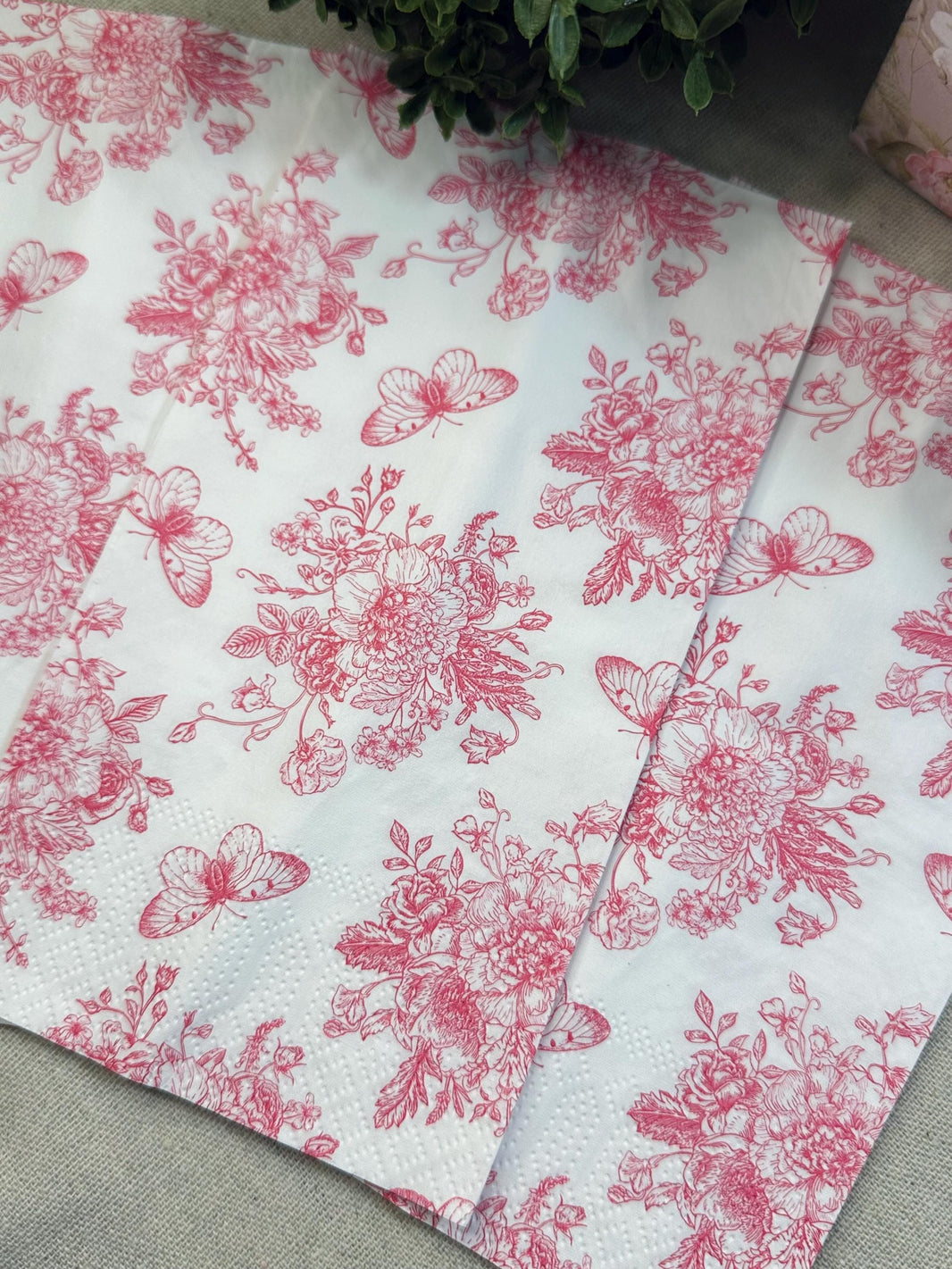 Pink Flower Paper Napkins: Butterfly Decoupage, Baby Shower Decor (3pc Pack, 13x16 Unfolded