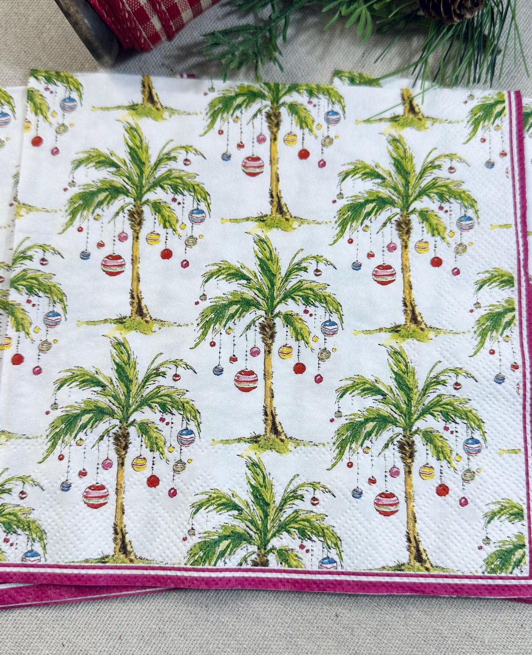Christmas Palm Tree Decoupage Napkins: Tropical Holiday Paper (3 pc), Coastal Napkins, Coastal Christmas, Oyster Shell Palm Tree Paper Gifts