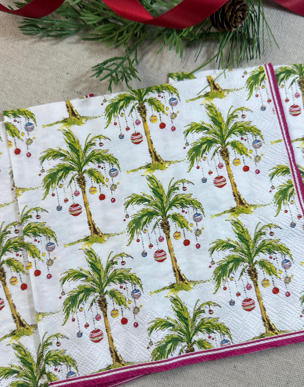 Christmas Palm Tree Decoupage Napkins: Tropical Holiday Paper (3 pc), Coastal Napkins, Coastal Christmas, Oyster Shell Palm Tree Paper Gifts