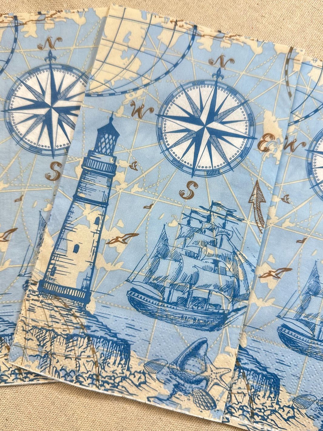 Nautical Decoupage Napkins: Lighthouse, Ship & Compass - 3 Pack