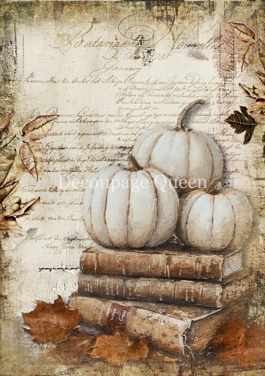 New Decoupage Paper - Fall Pumpkin Paper, Antique Rustic Paper, Decoupage Queen, Cottage Pumpkin Paper, Aged Books Paper, Distressed Paper