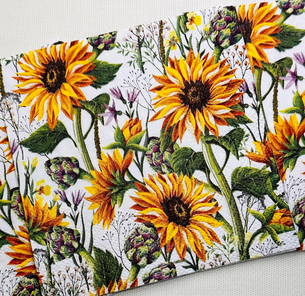 Sunflower Decoupage Napkins - Cocktail Napkins, Sunflower Paper, Sunflower Tissue Paper, Decoupage Paper, Paper for Shells, Junk Journaling