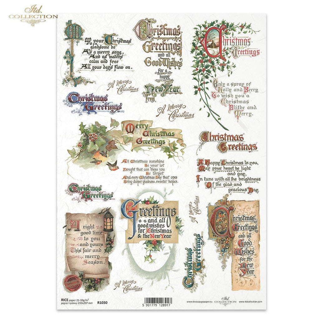 A4 Rice Paper - Christmas Greetings - Vintage Style for Decoupage, Holiday Greetings for Decoupage, Card Making Paper, Junk Journaling