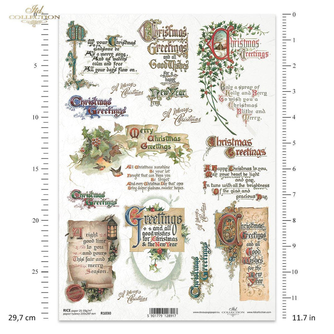 A4 Rice Paper - Christmas Greetings - Vintage Style for Decoupage, Holiday Greetings for Decoupage, Card Making Paper, Junk Journaling