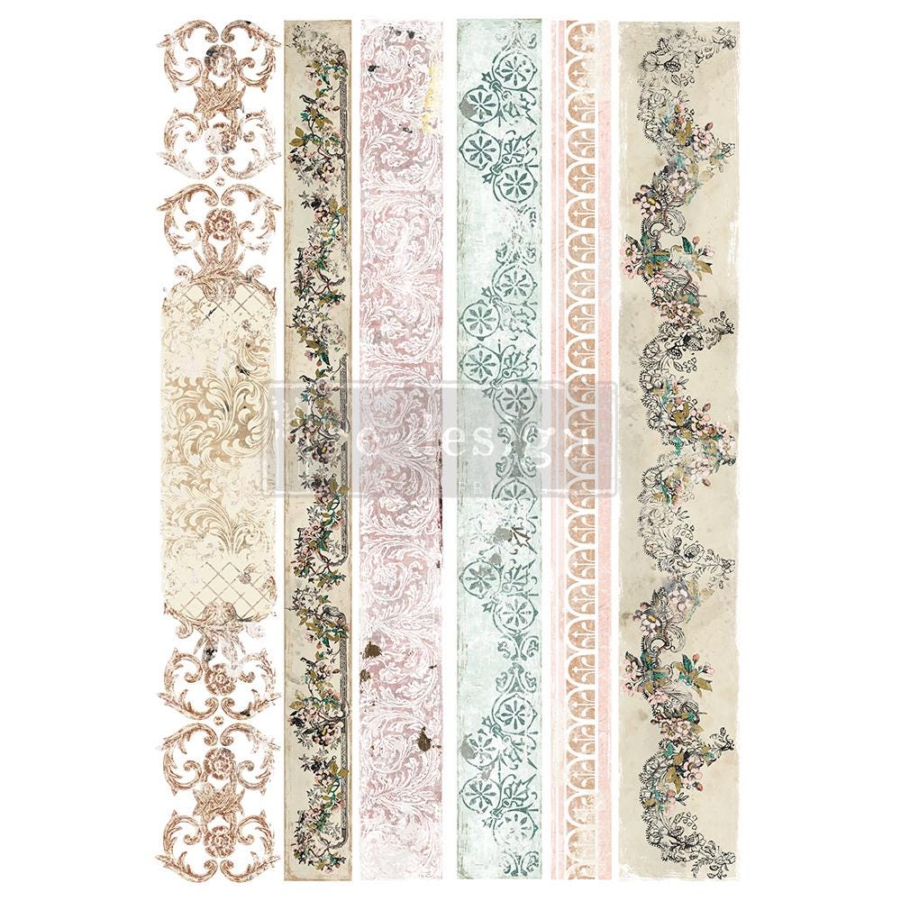 Lace Border Transfer - Distressed Lace Borders II, Redesign with Prima Decor Transfer, Transfers, Pink and Blue Border Paper, Transfer Paper