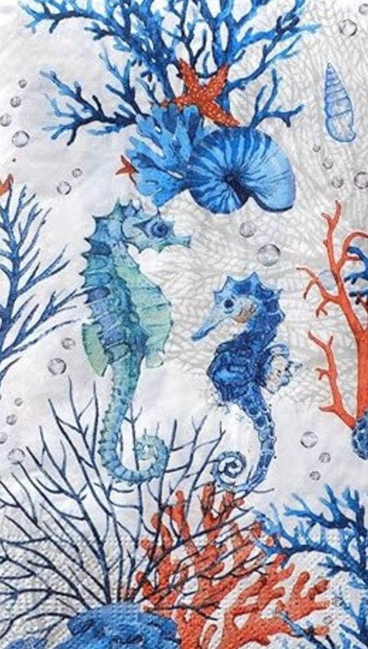 Seahorse Decoupage Napkins - 3pcs Blue Seahorse, Blue Seahorse Paper Napkin, Bridal Party Napkins, Something Blue Paper, Blue Nautical