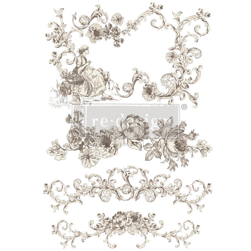 Alaina Toile Decor Transfer - French Inspired Transfer, Decor Transfer, 24″x35″, cut into 2 sheets