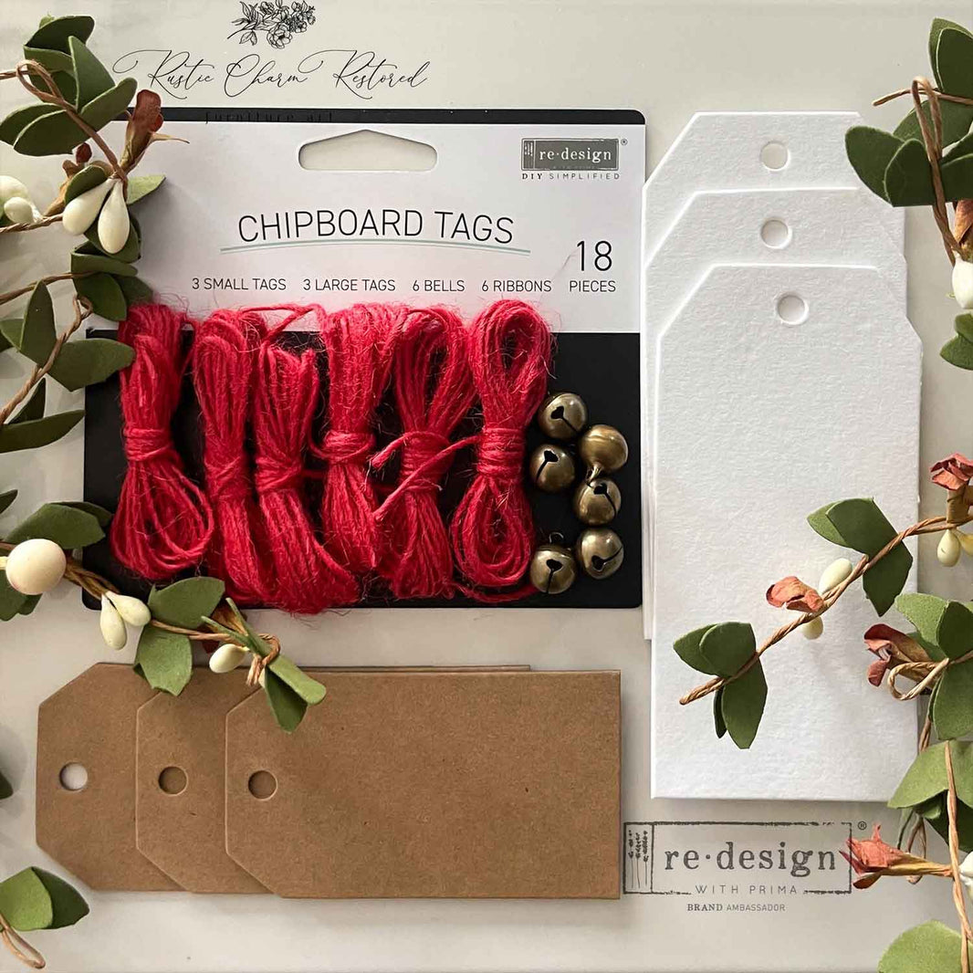 Christmas Chipboard Tags - 3 tags 2.3"x4.75" + 3 tags 2"x3.5" + 6 bells + twine