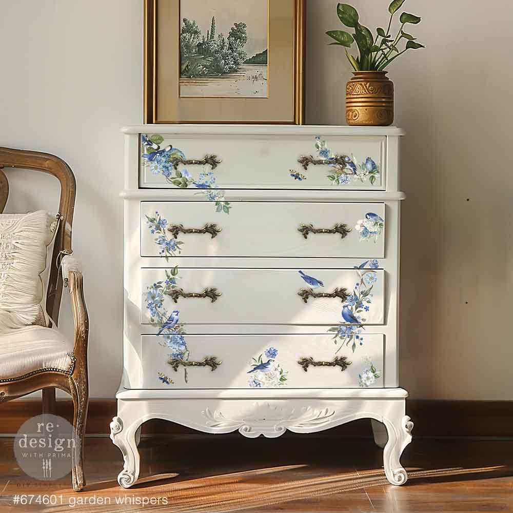 Garden Whispers Transfer - ReDesign Prima Small Furniture Transfers, Blue and White Bird Transfers