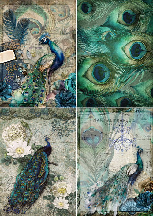Peacock Four Pack, rice paper design by Decoupage Queen, arts & entertainment > hobbies & creative arts > arts & crafts > art & crafting materials > art & craft paper > drawing & painting paper, for decoupage and crafting
