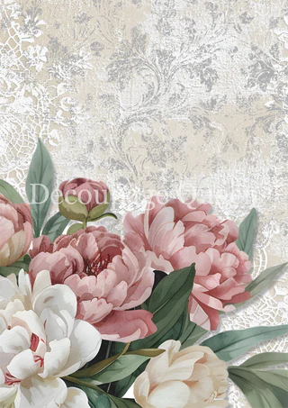 Peonies and Lace, Dainty & the Queen, rice paper design by Decoupage queen, arts & entertainment > hobbies & creative arts > arts & crafts > art & crafting materials > art & craft paper > drawing & painting paper, for decoupage and crafting