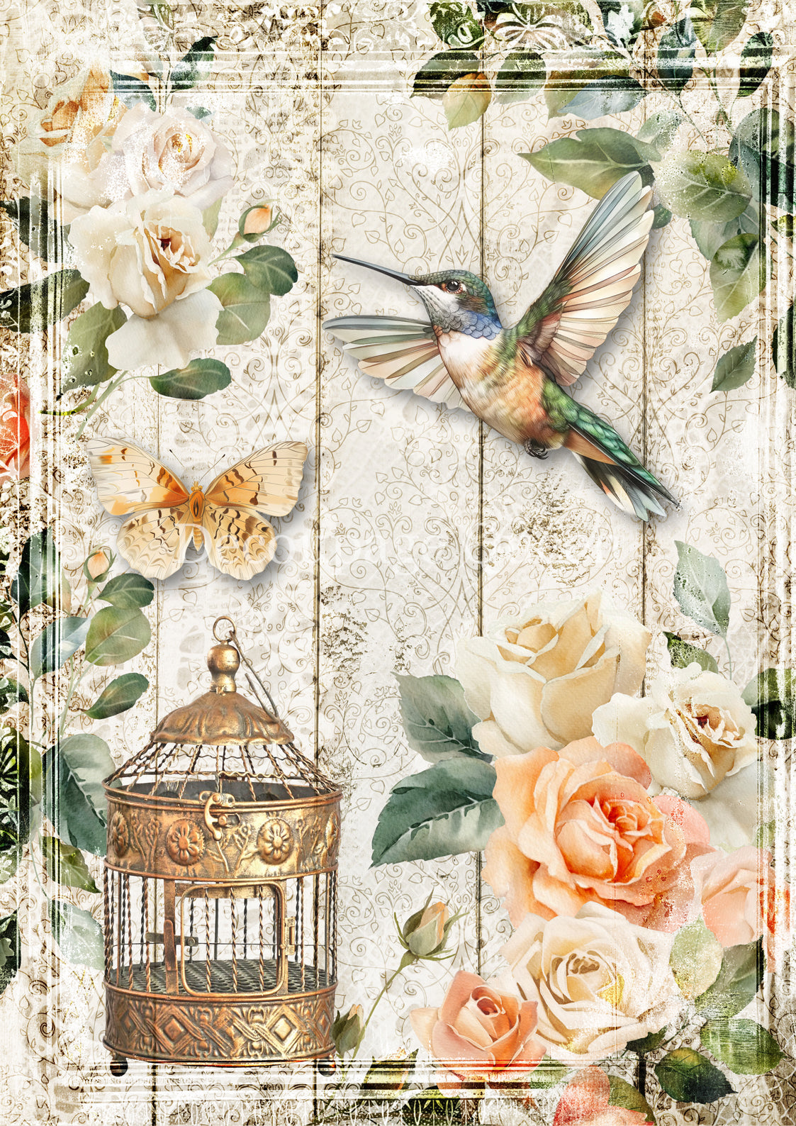 Rose Garden Hummingbird, rice paper design by Decoupage Queen, arts & entertainment > hobbies & creative arts > arts & crafts, for decoupage and crafting
