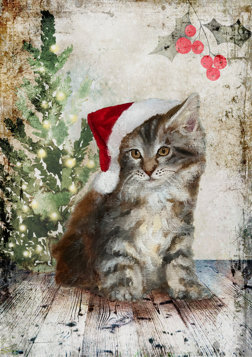 Teresa Rene Art - Fluffy Christmas Cat, rice paper design by Decoupage Queen, arts & entertainment > hobbies & creative arts > arts & crafts > art & crafting materials > art & craft paper > drawing & painting paper, for decoupage and crafting