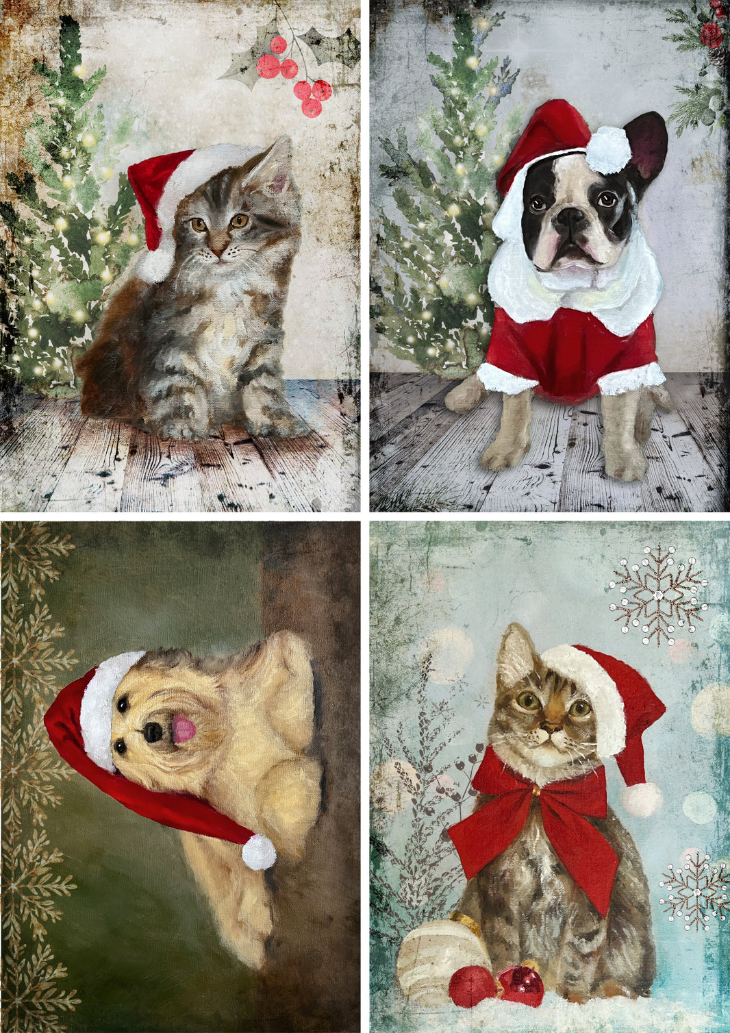 Teresa Rene Art - Christmas Pets Four Pack, rice paper design by Decoupage Queen, arts & entertainment > hobbies & creative arts > arts & crafts > art & crafting materials > art & craft paper > drawing & painting paper, for decoupage and crafting