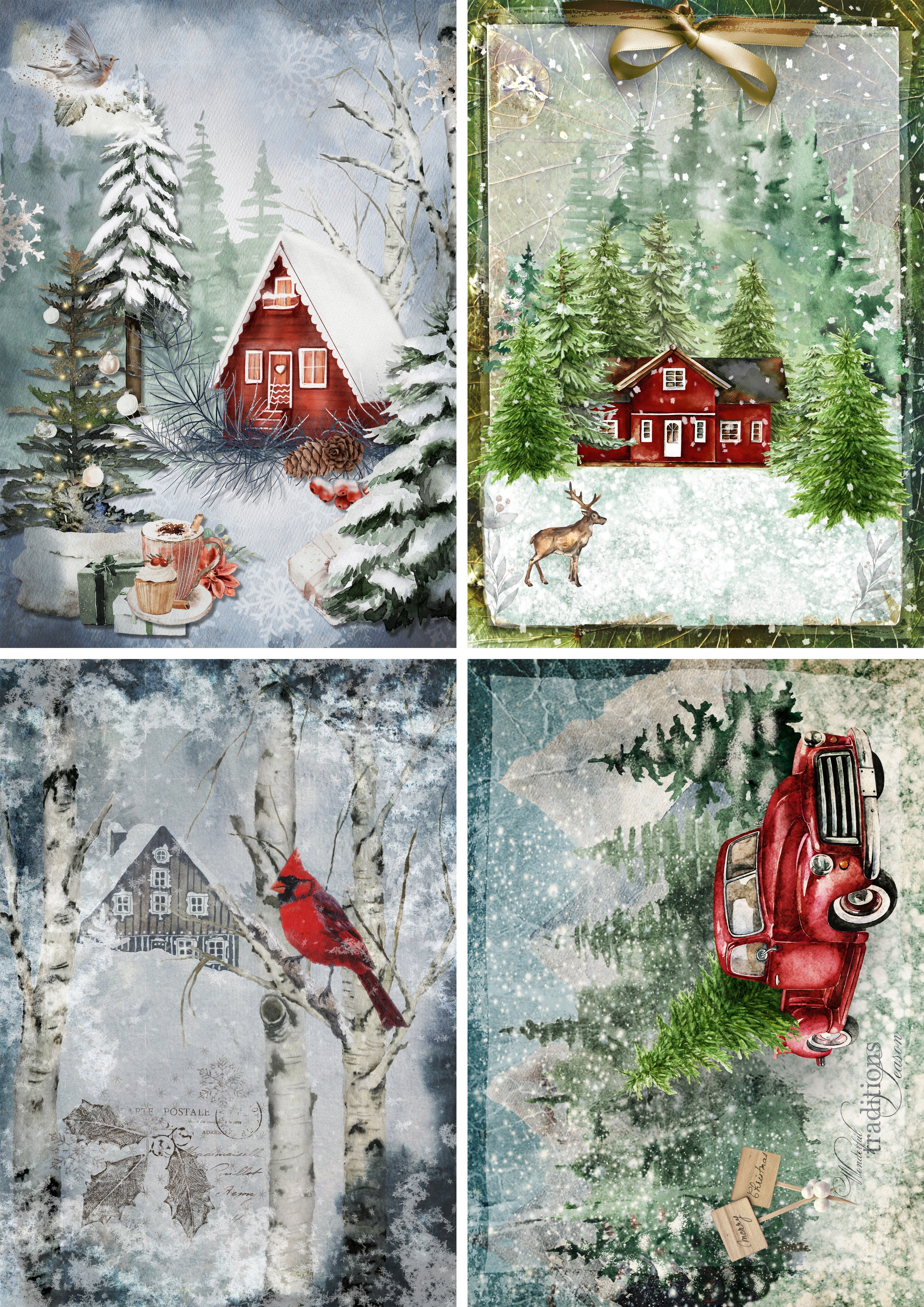 Christmas Pops of Red Four Pack, rice paper design by Decoupage Queen, arts & entertainment > hobbies & creative arts > arts & crafts > art & crafting materials > art & craft paper > drawing & painting paper, for decoupage and crafting