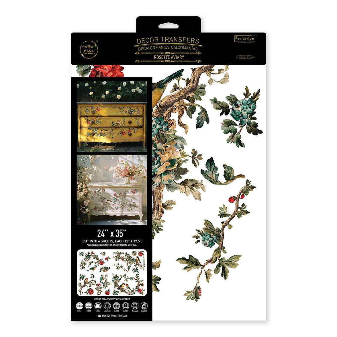 Decor Transfers® – Rosette Aviary – total sheet size 24″x35″, cut into 4 sheets