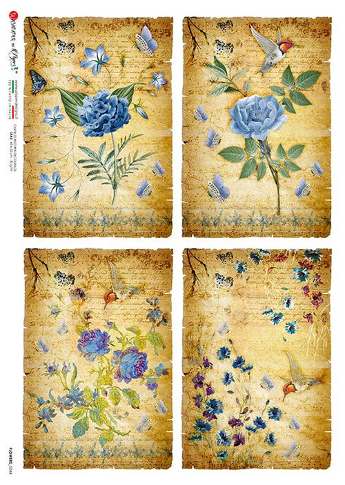 Paper Designs Four Blue Flowers Scenes Rice Paper