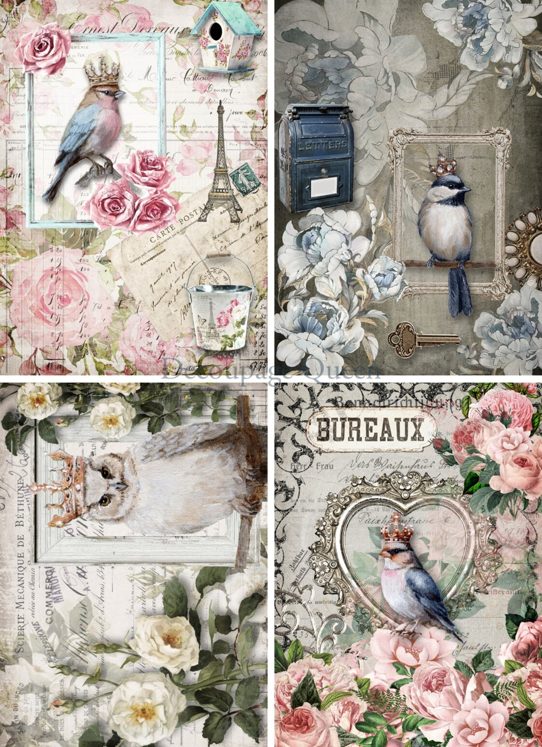 Crowned Birds 4 Pack 0560, rice paper design by Decoupage queen, arts & entertainment > hobbies & creative arts > arts & crafts, for decoupage and crafting