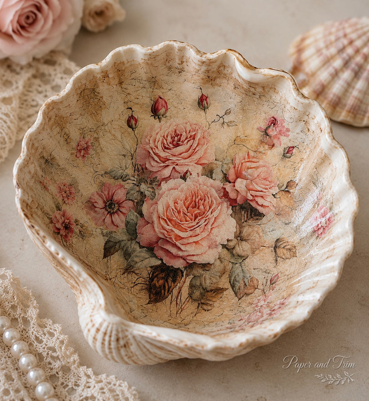 AB Studios Pink Rose A4 Rice Paper Vintage Pink Rose Panel Illustration