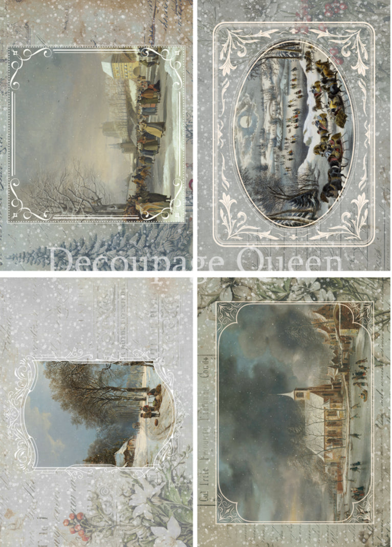 Winter Postcards 4 Pack, Decoupage Queen Dainty and the Queen, rice paper design by Decoupage queen, arts & entertainment > hobbies & creative arts > arts & crafts, for decoupage and crafting