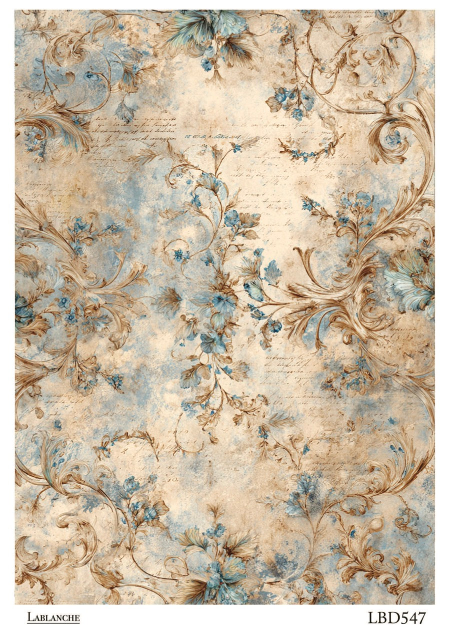 LaBlanche Vintage Blue & Gold Floral Scroll A4 rice paper