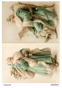 Two images of a vintage-style Santa Claus figure, one standing and one sitting, holding a bag and reading a letter.