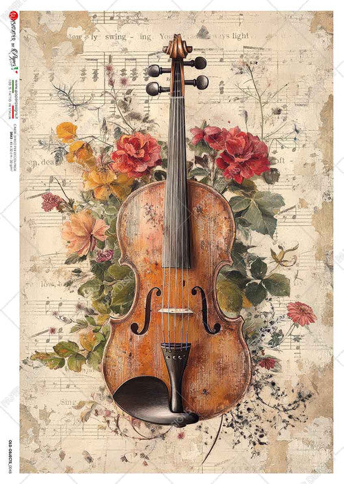 Paper Designs Violin and Florals on Antique Sheet Music Rice Paper