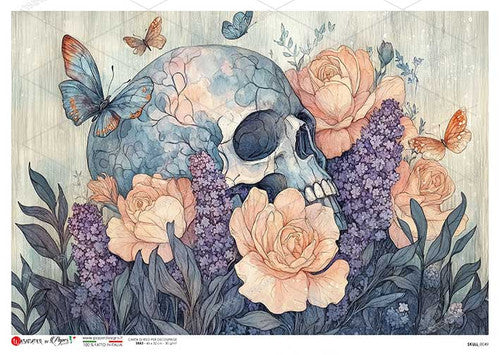 Paper Designs Skull with Lavender and Butterflies Rice Paper