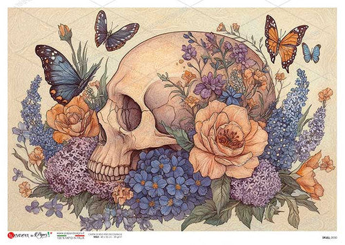 Paper Designs Skull with Pansies and Butterflies Rice Paper