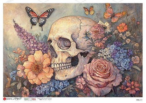 Paper Designs Skull with Pastel Flowers and Butterflies Rice Paper