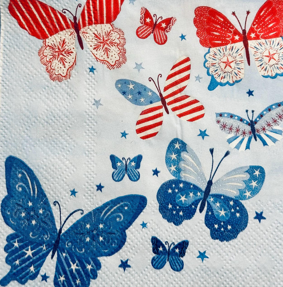 Butterfly Decoupage Napkins Patriotic Napkins, Red, White and Blue Napkins, Decoupage, July 4th Paper, American Flag Napkins, Fourth of July
