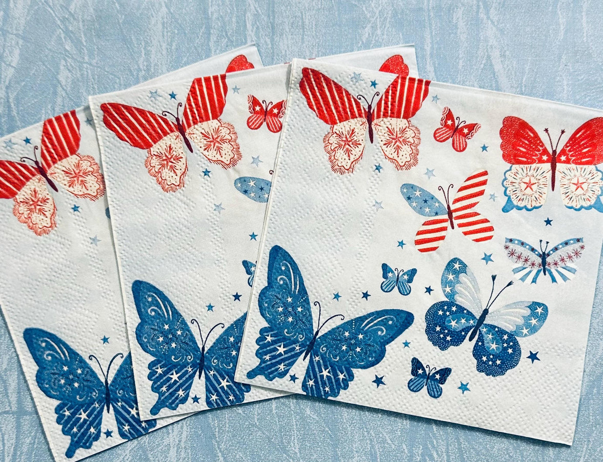 Butterfly Decoupage Napkins Patriotic Napkins, Red, White and Blue Napkins, Decoupage, July 4th Paper, American Flag Napkins, Fourth of July