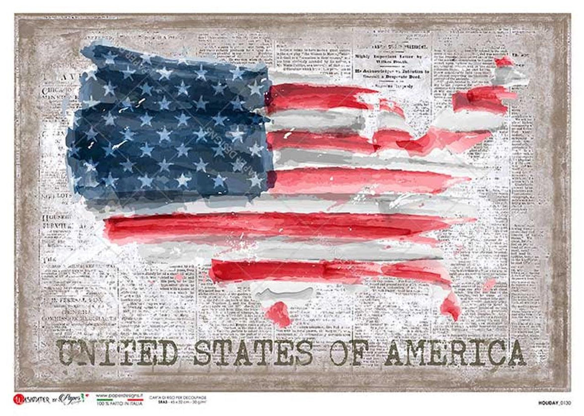 Artistic depiction of a distressed American flag on a textured background with 'United States of America' text.