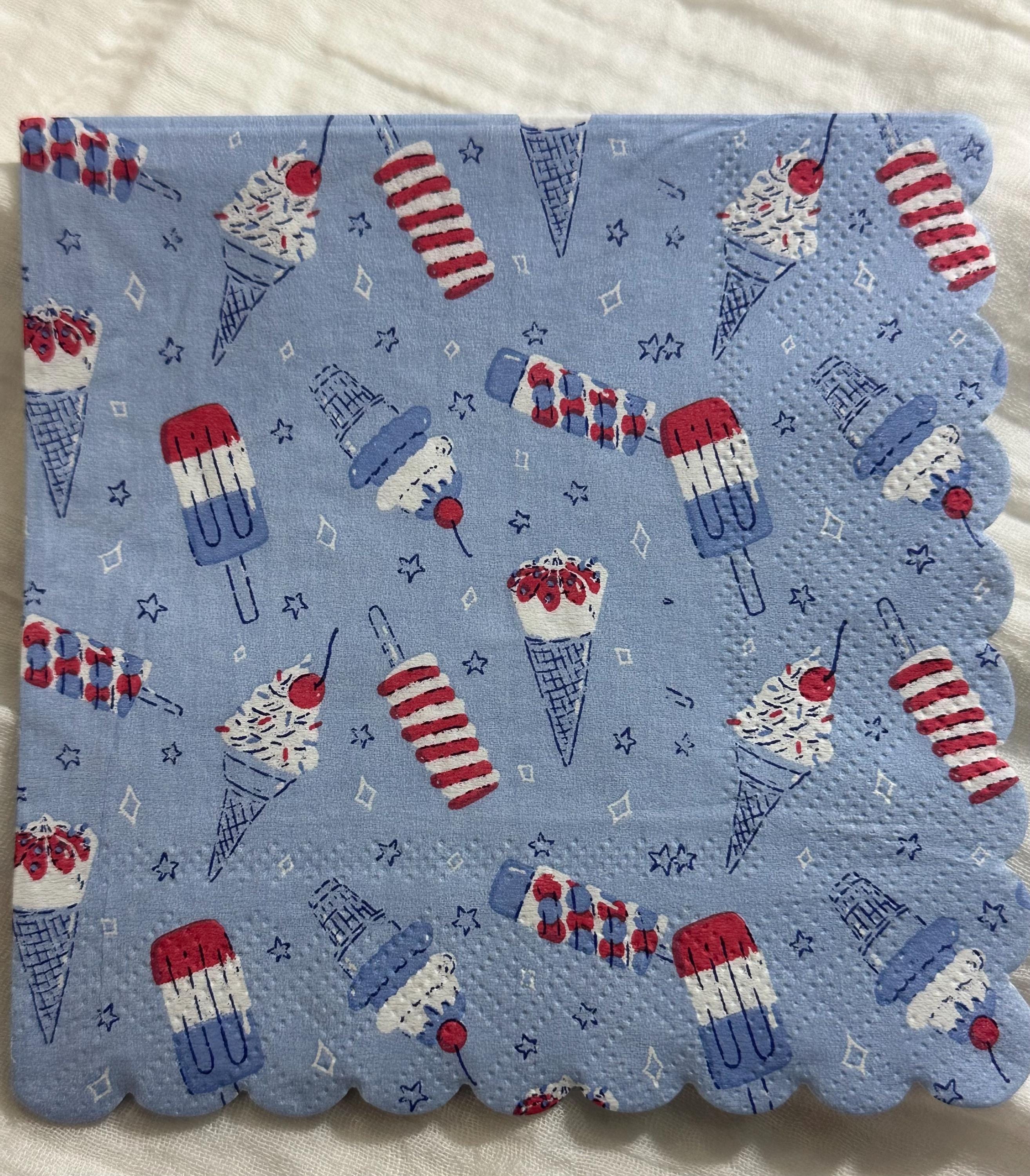 Patriotic Ice Cream Cone Decoupage Napkins: July 4th Party Paper (5x5 inch)