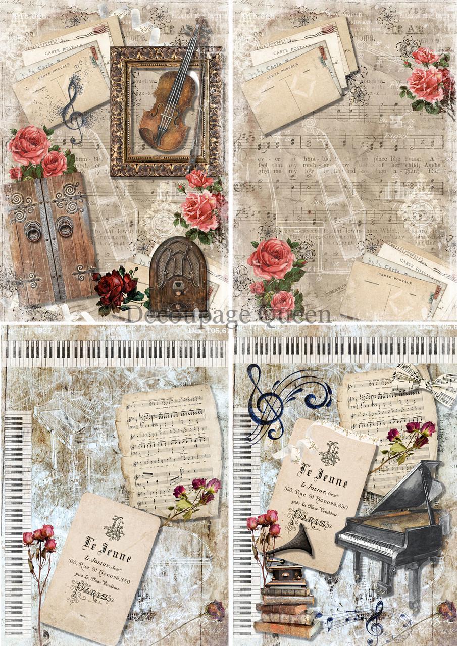 A4 Rice Paper: Vintage Music Sheet, Autumn Violin - Decoupage Queen