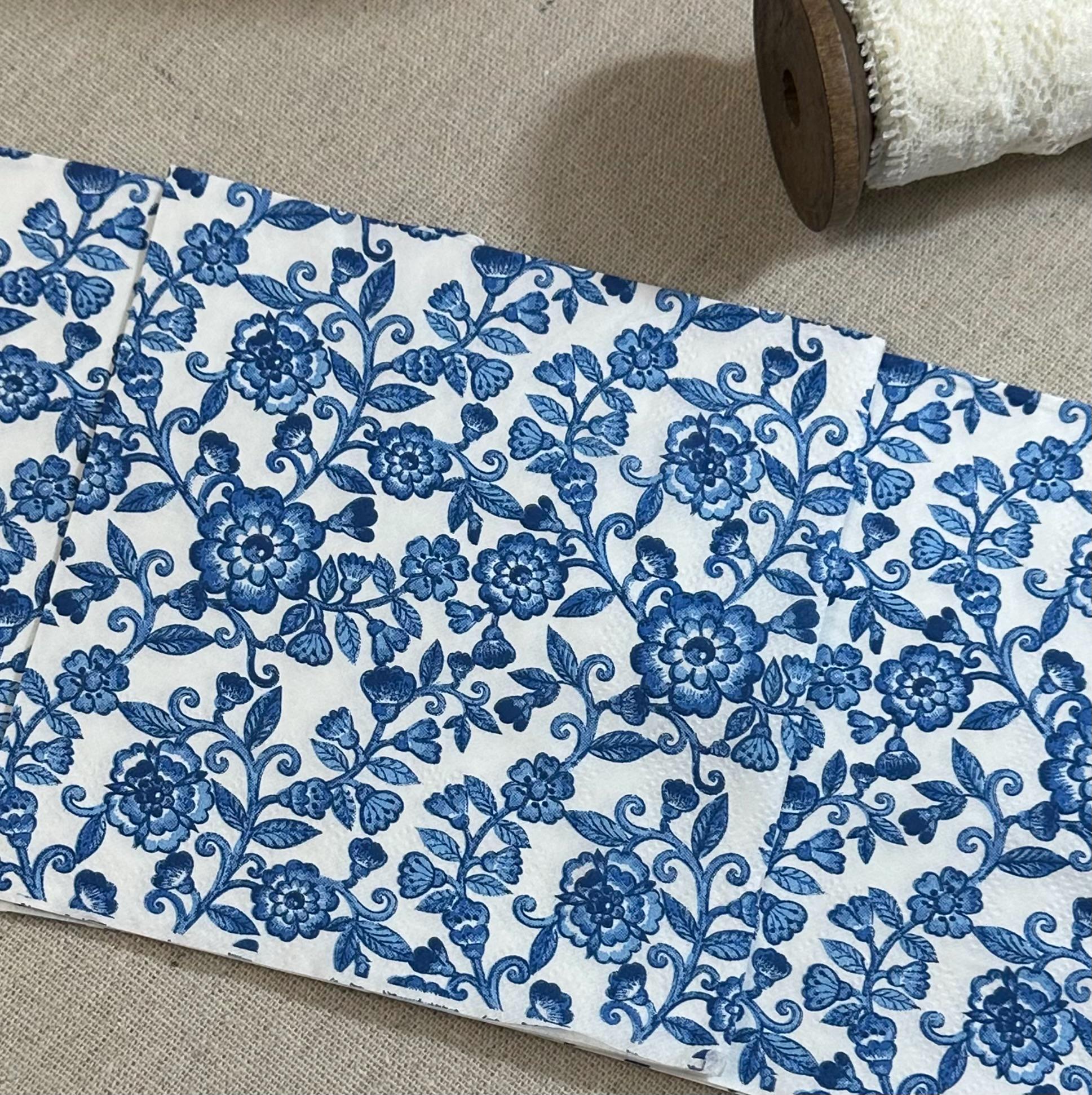 Blue Floral Decoupage Napkins: Bridal Shower Beverage Paper (3pc)