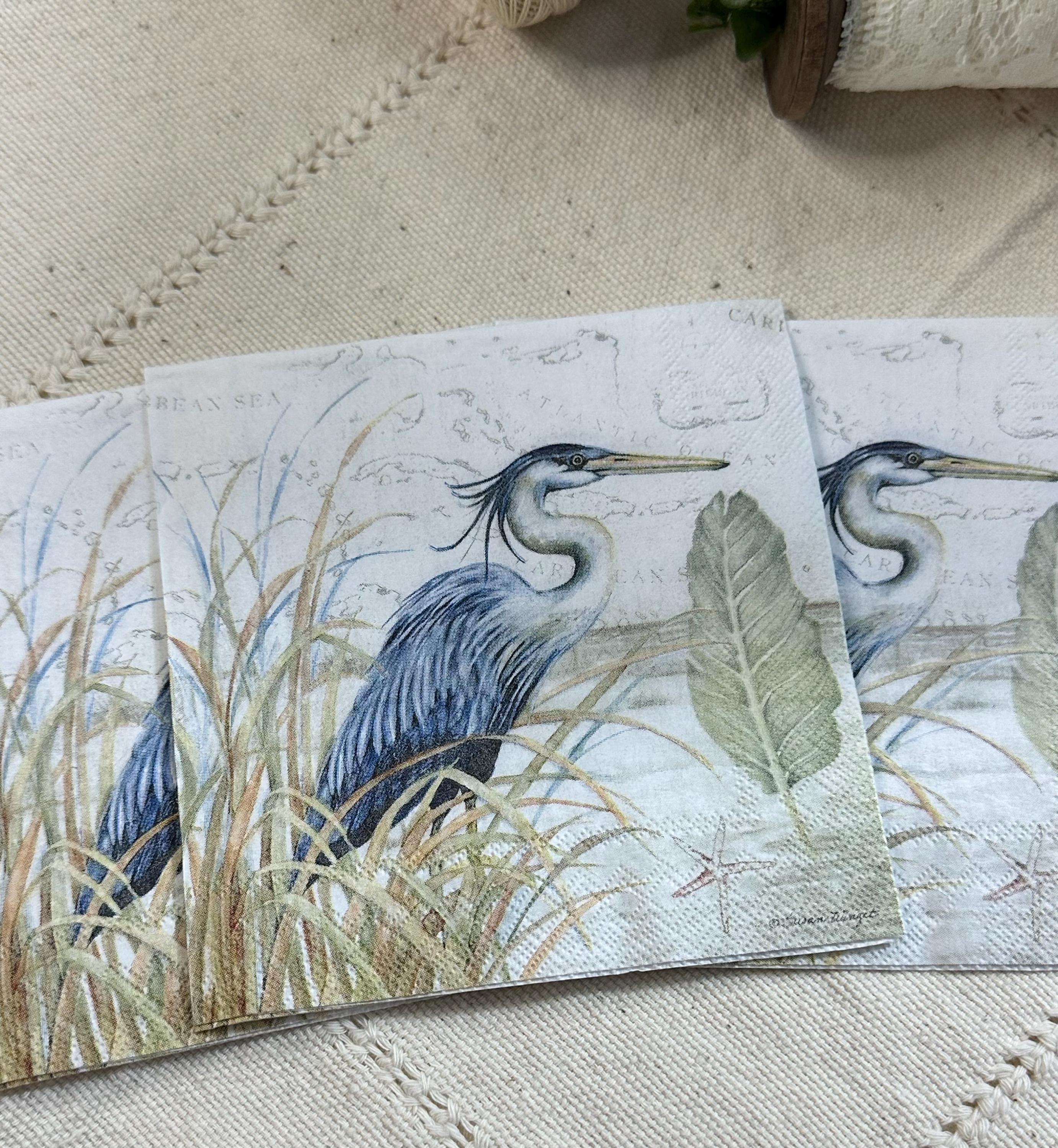 Heron Bird Napkin - Beach Napkins - Decoupage Beach Themed Napkins, Decoupage Napkins, Ocean Paper, Seashore Paper, Bird Paper Napkins