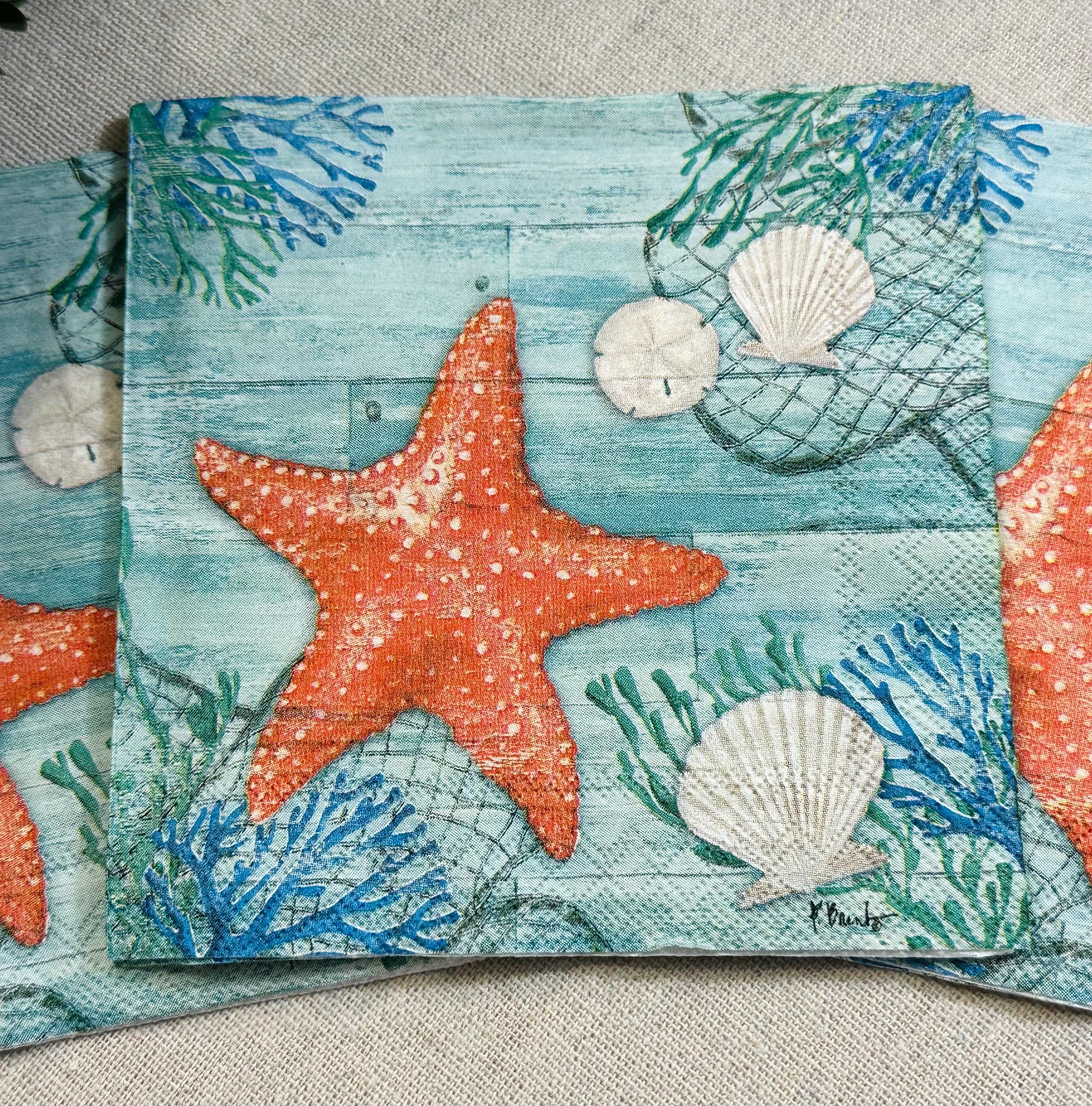 Beach Decoupage Paper Napkins: Starfish Seashell Theme, 3pc