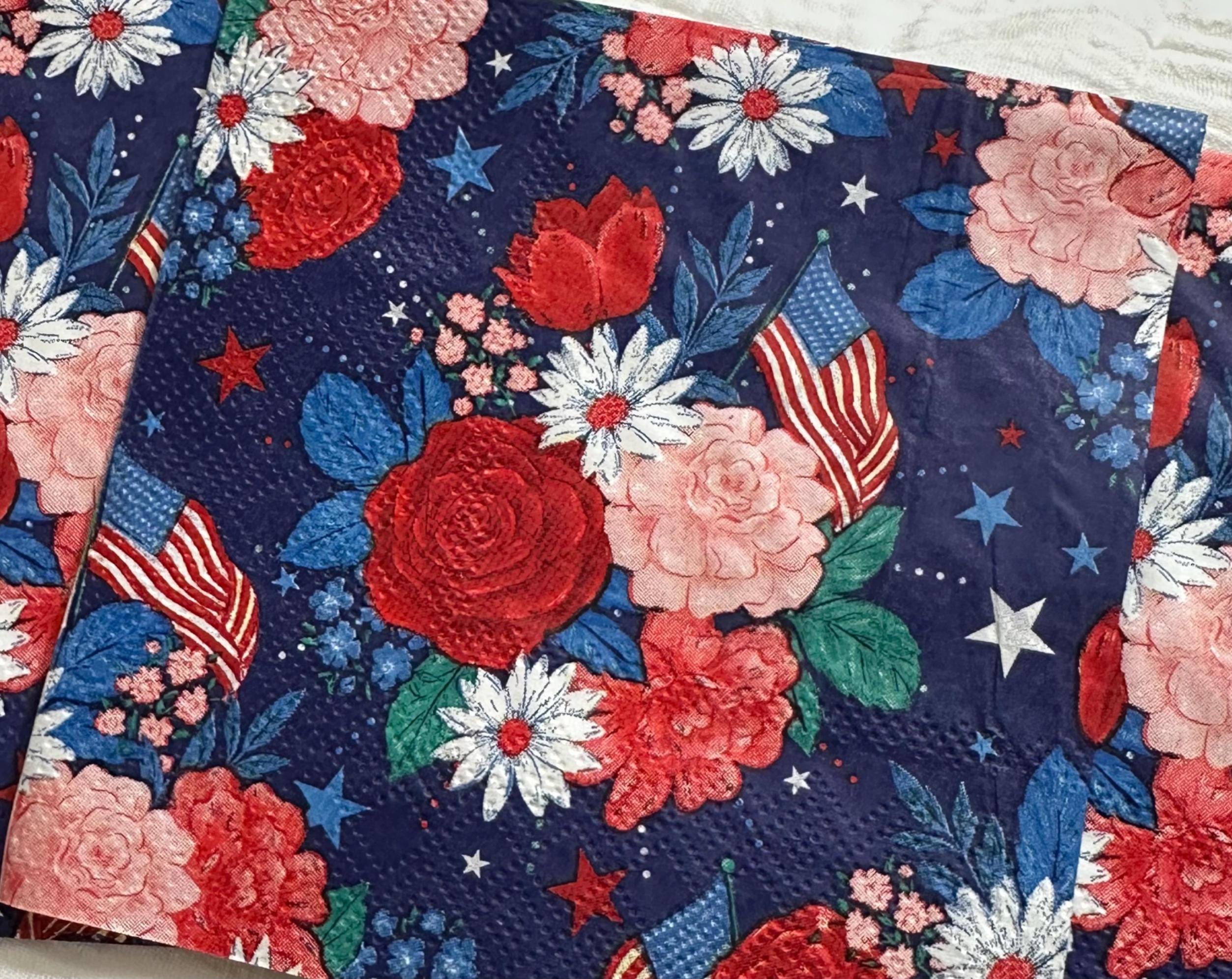 Patriotic Floral Decoupage Napkins, American Flag, July 4th (3-Piece)