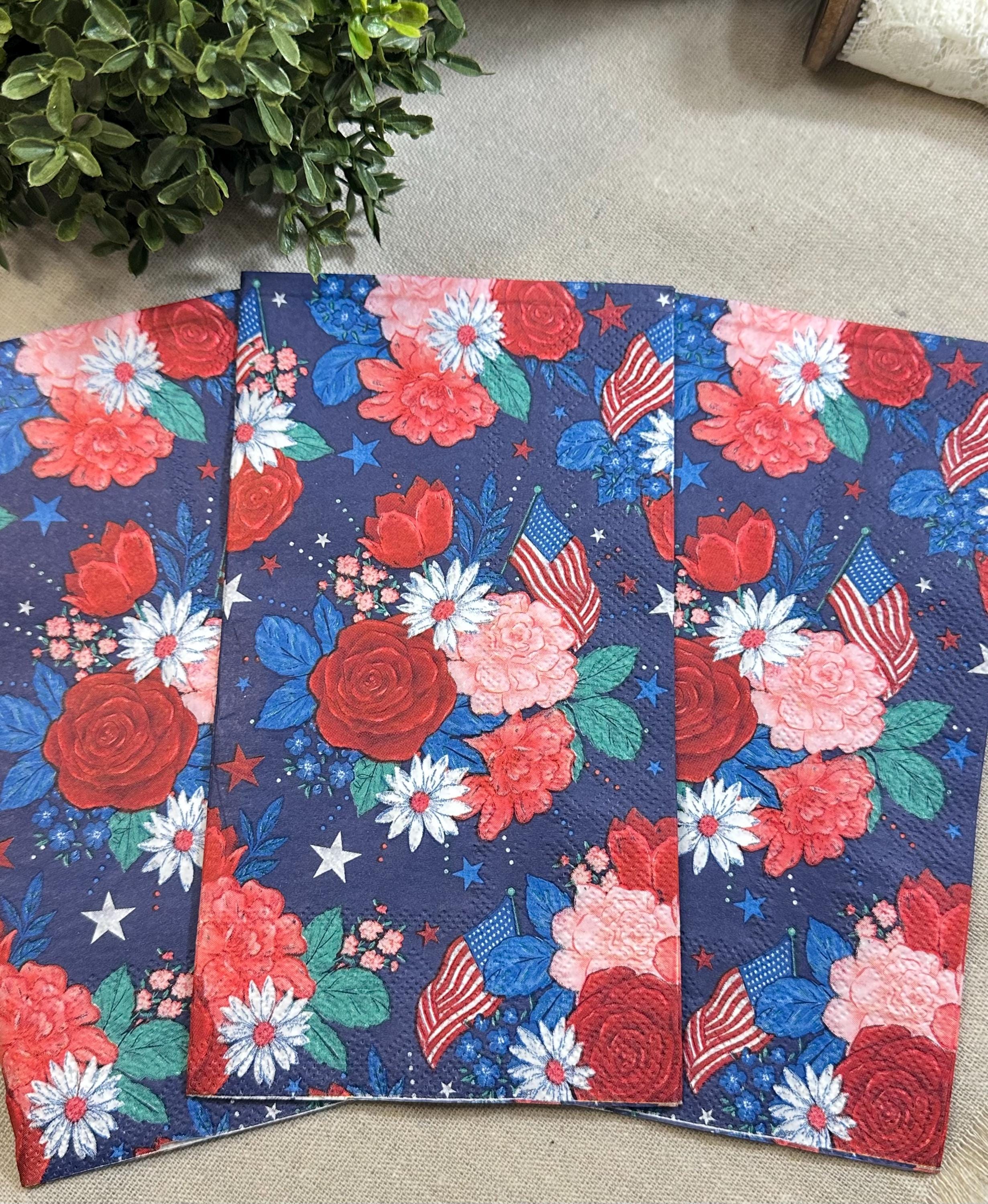 Patriotic Floral Decoupage Napkins, American Flag, July 4th (3-Piece)