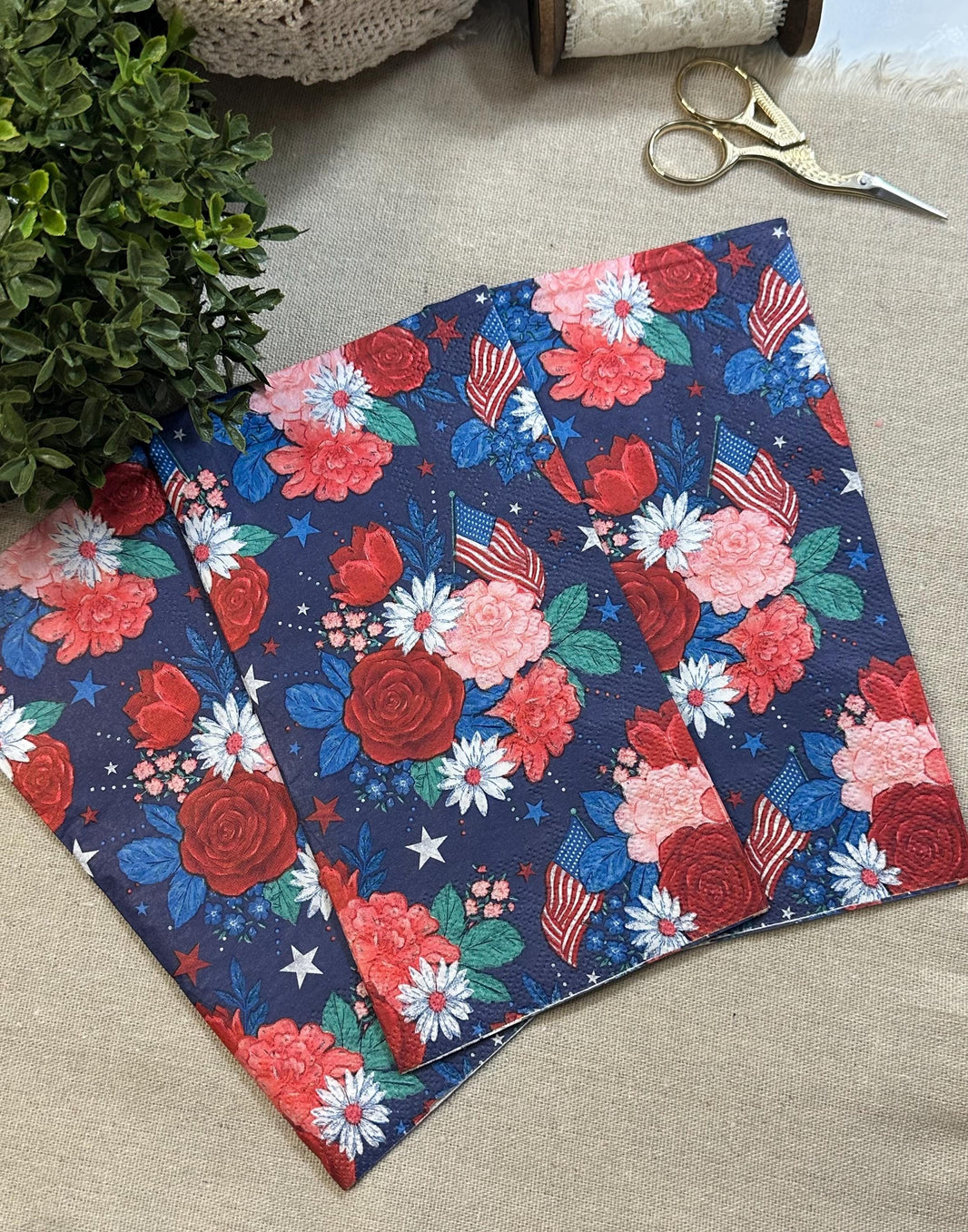 Patriotic Floral Decoupage Napkins, American Flag, July 4th (3-Piece)