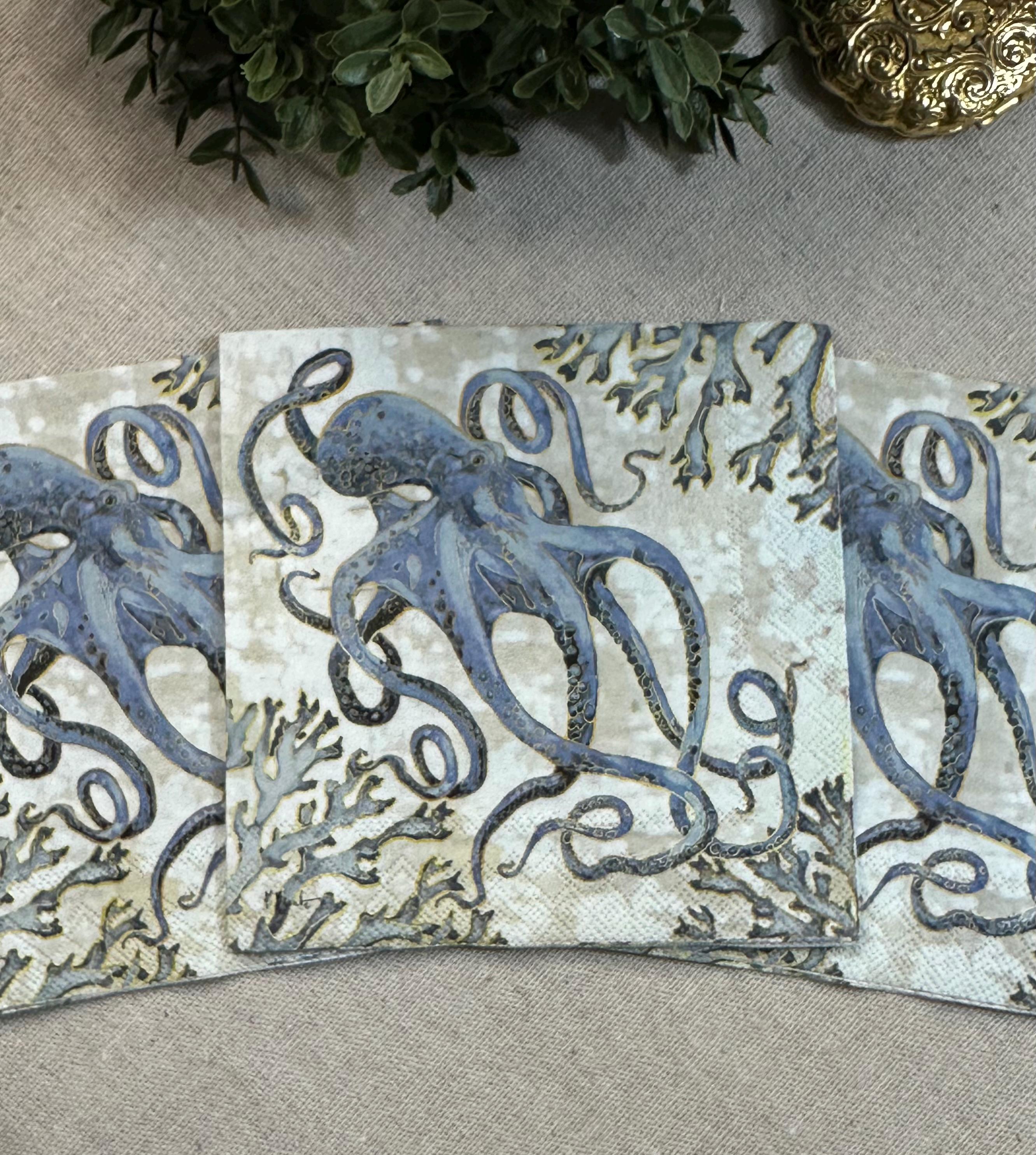 Octopus Decoupage Napkins: Blue Ocean Paper, Beach Wedding Decor