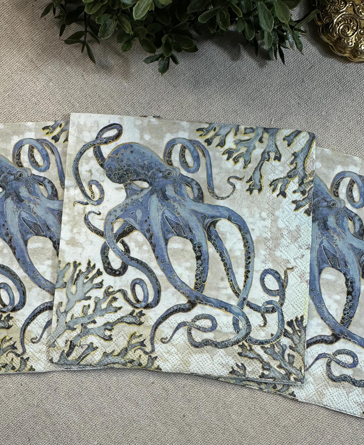 Octopus Decoupage Napkins: Blue Ocean Paper, Beach Wedding Decor
