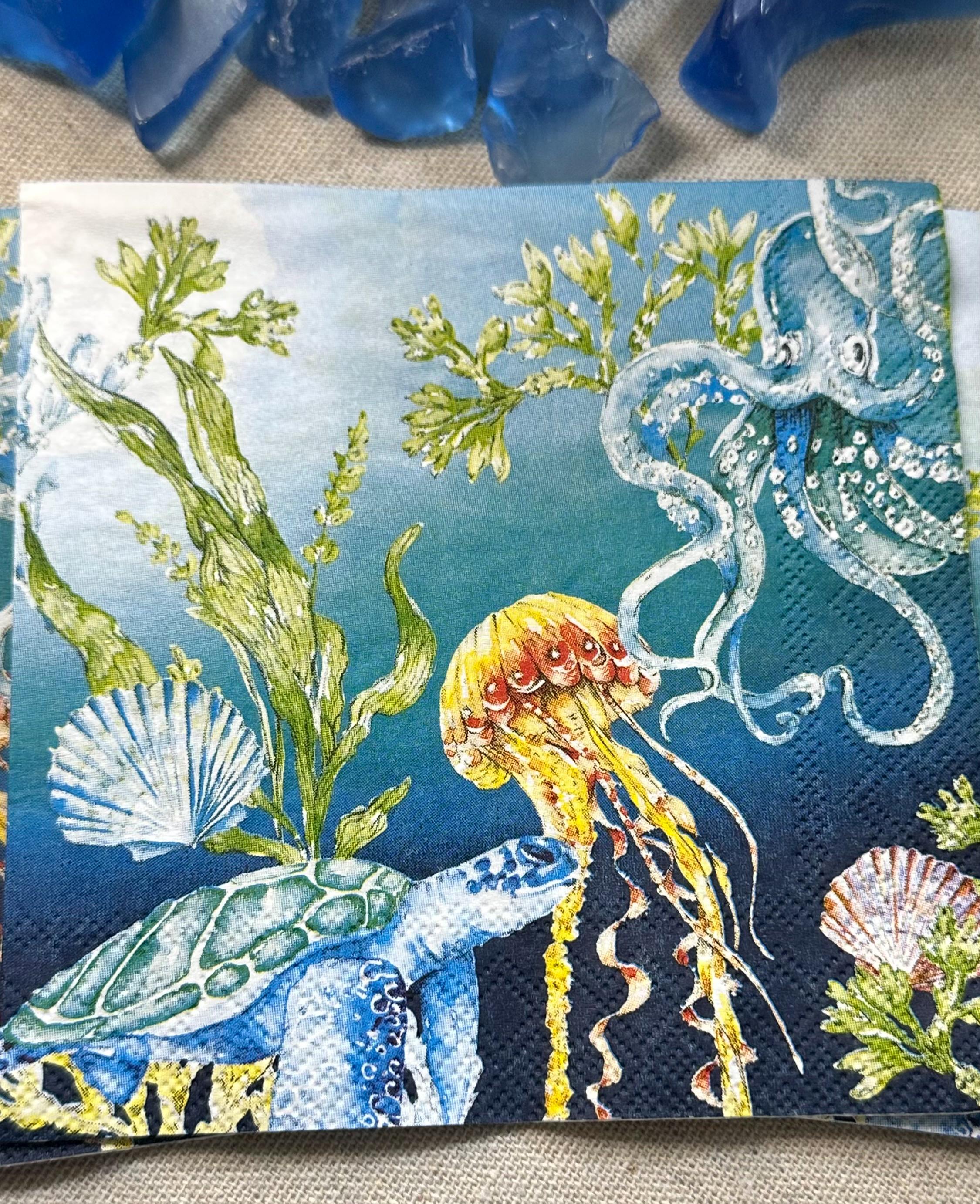 Octopus & Sea Creatures Paper Napkins, Decoupage Supplies (3pc)