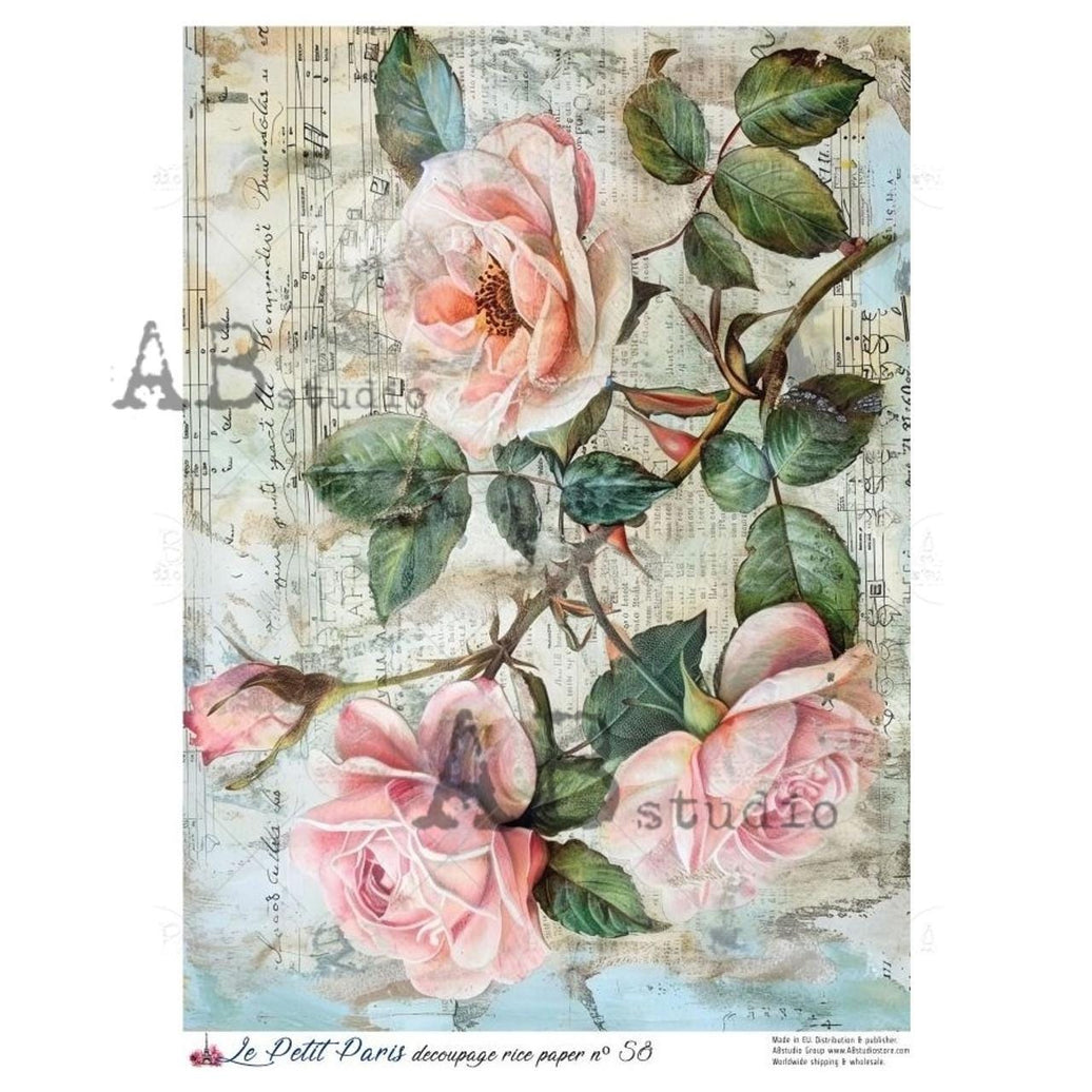 Pink Rose Rice Paper A4 - Vintage Music Sheet Decoupage Paper